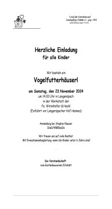 Einladung Vogelfutterhäuserl 2024, © Gartenbauverein Erlstätt